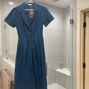 RIHOAS Blue Buttoned Midi Dress with Notched Collar